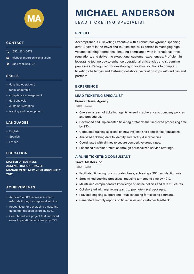 Air Ticketing Executive resume sample — Lead Ticketing Specialist focus