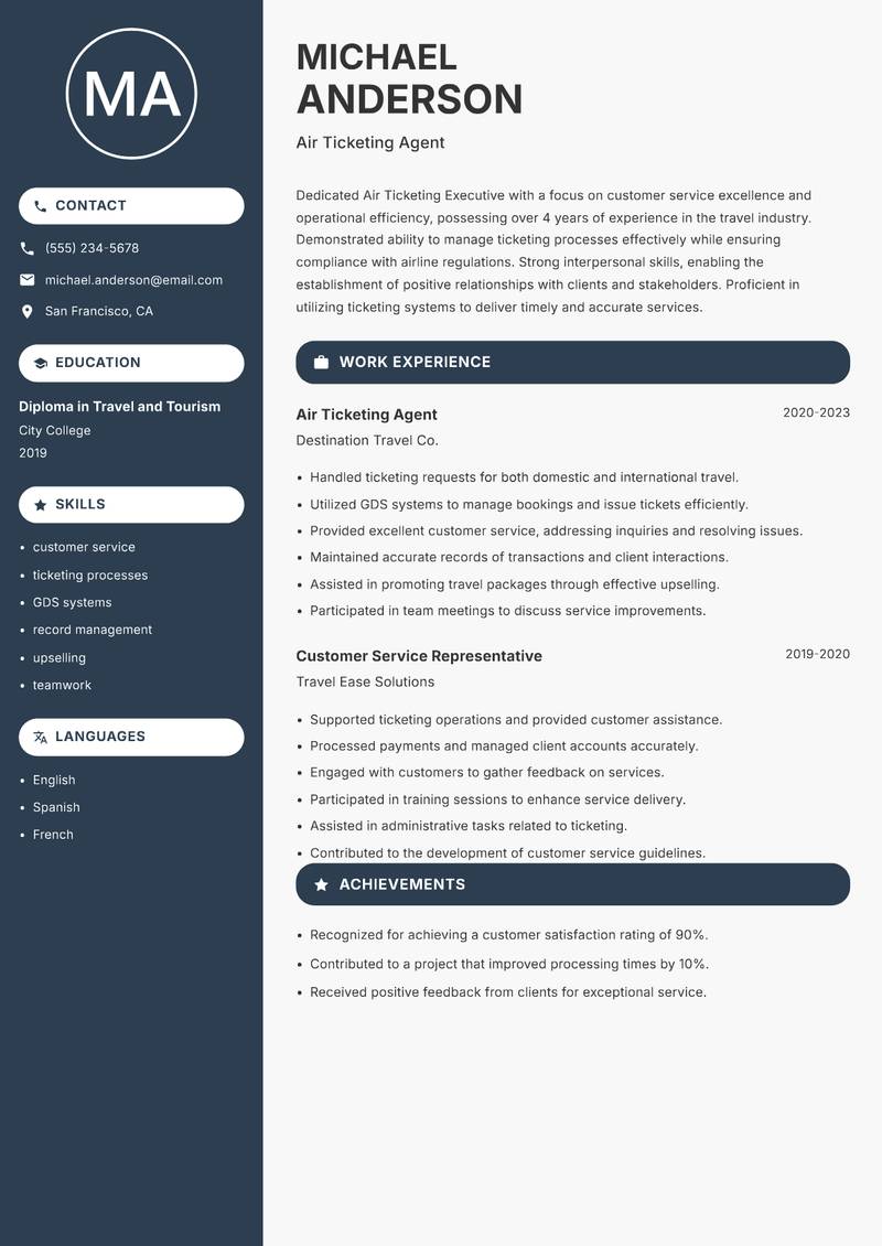 Air Ticketing Executive resume sample — Air Ticketing Agent focus