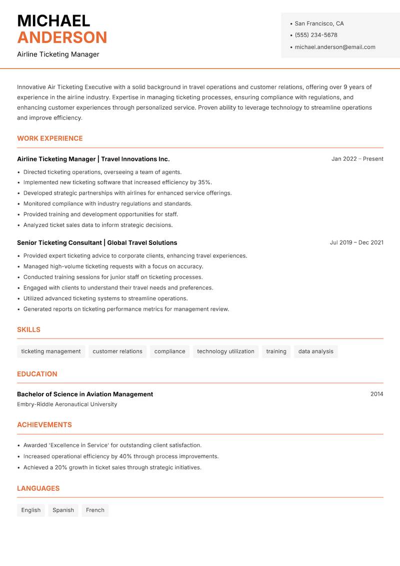Air Ticketing Executive resume sample — Airline Ticketing Manager focus