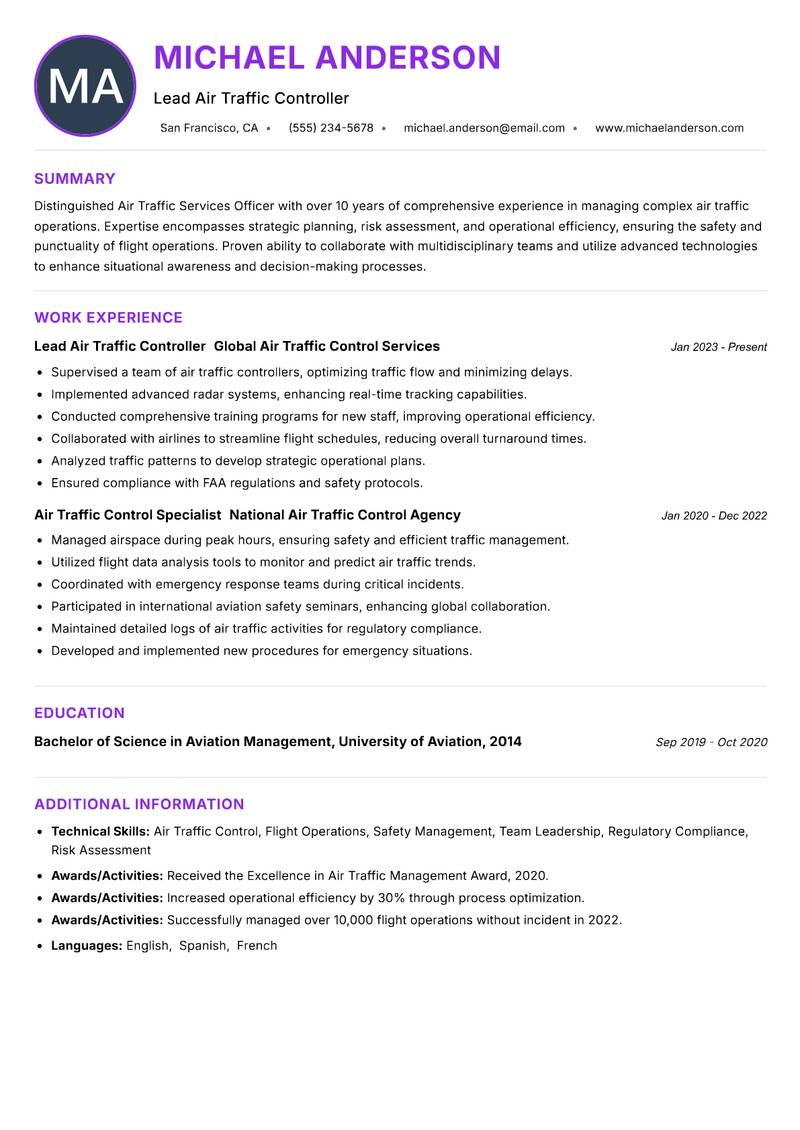 Air Traffic Services Officer resume example