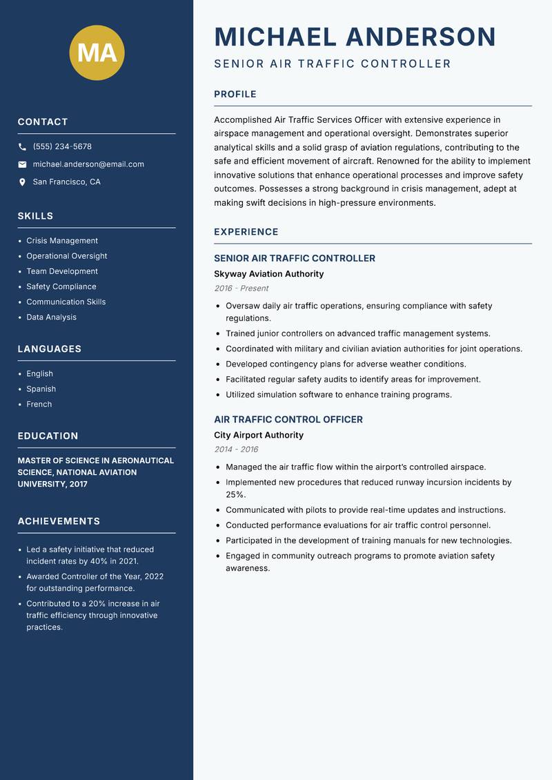 Air Traffic Services Officer resume sample — Senior Air Traffic Controller focus