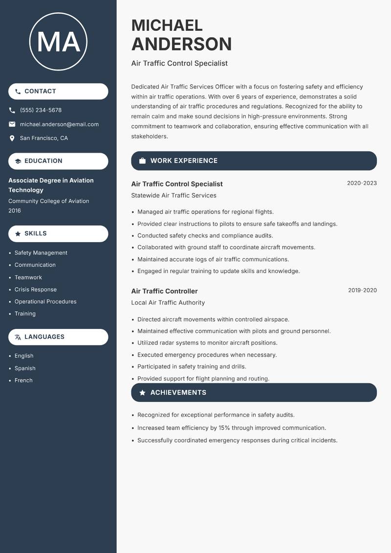 Air Traffic Services Officer resume sample — Air Traffic Control Specialist focus