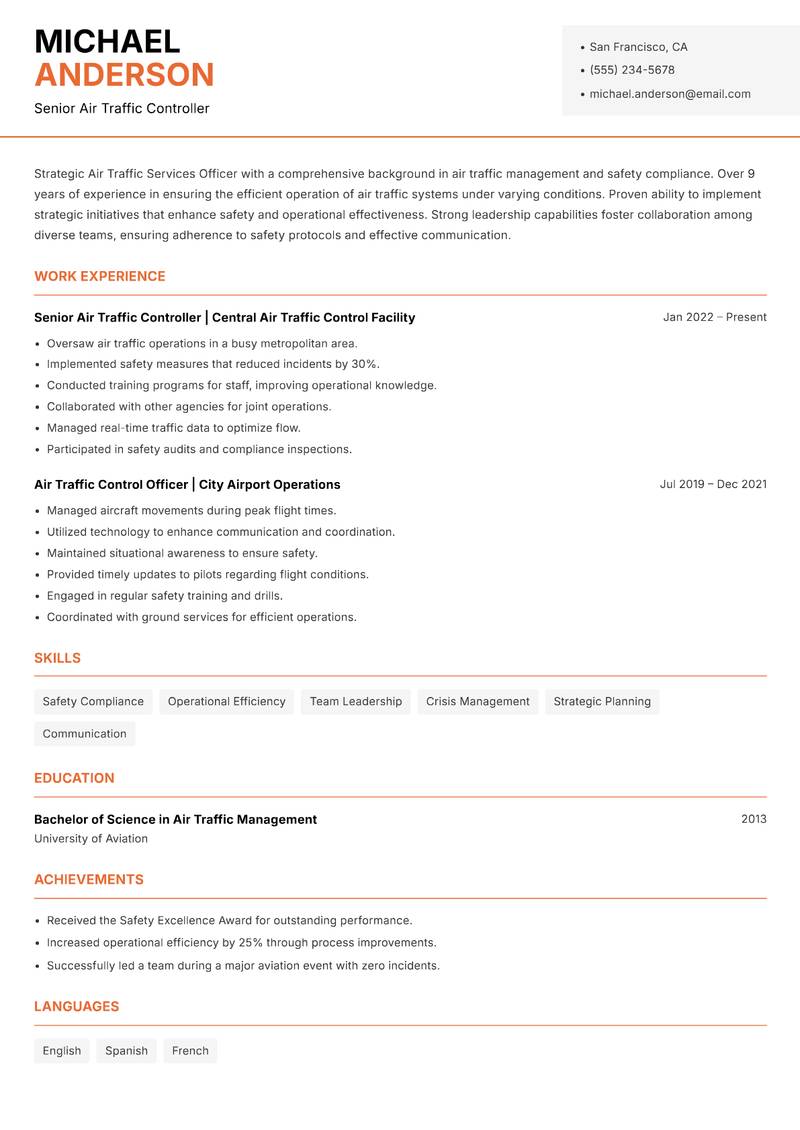 Air Traffic Services Officer resume sample — Senior Air Traffic Controller focus