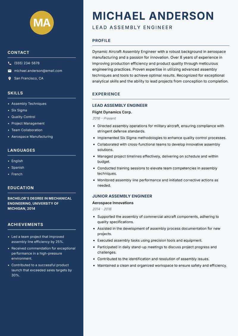 Aircraft Assembly Engineer resume sample — Lead Assembly Engineer focus