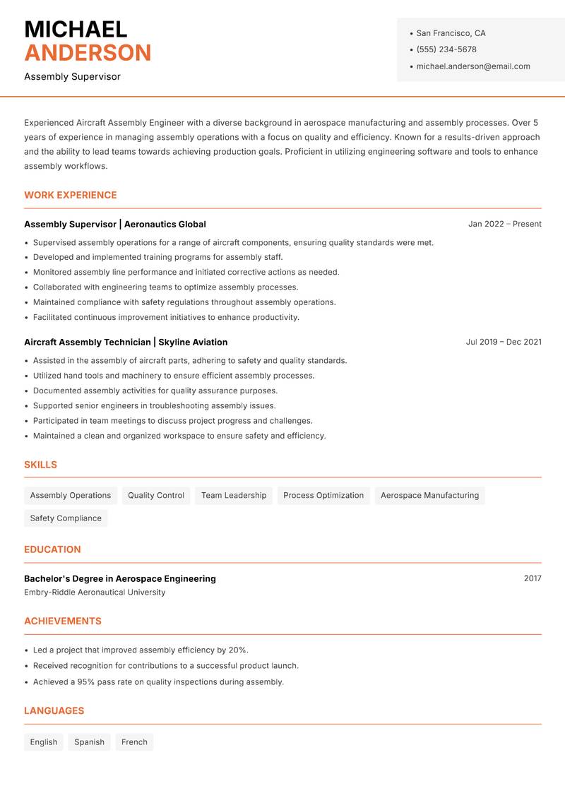Aircraft Assembly Engineer resume sample — Assembly Supervisor focus