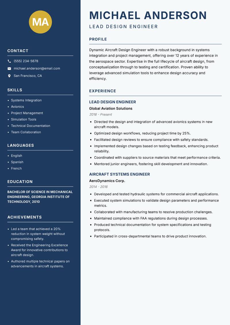 Aircraft Design Engineer resume sample — Lead Design Engineer focus