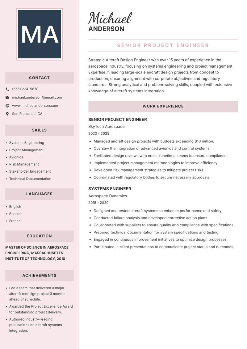 Aircraft Design Engineer resume sample — Senior Project Engineer focus