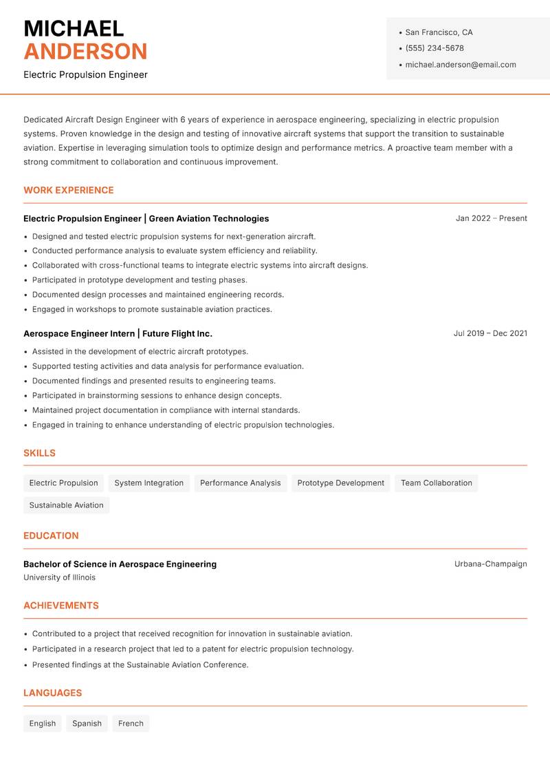 Aircraft Design Engineer resume sample — Electric Propulsion Engineer focus