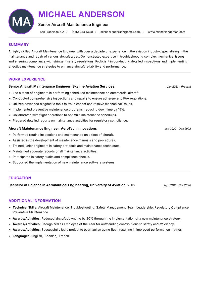Aircraft Maintenance Engineer resume example
