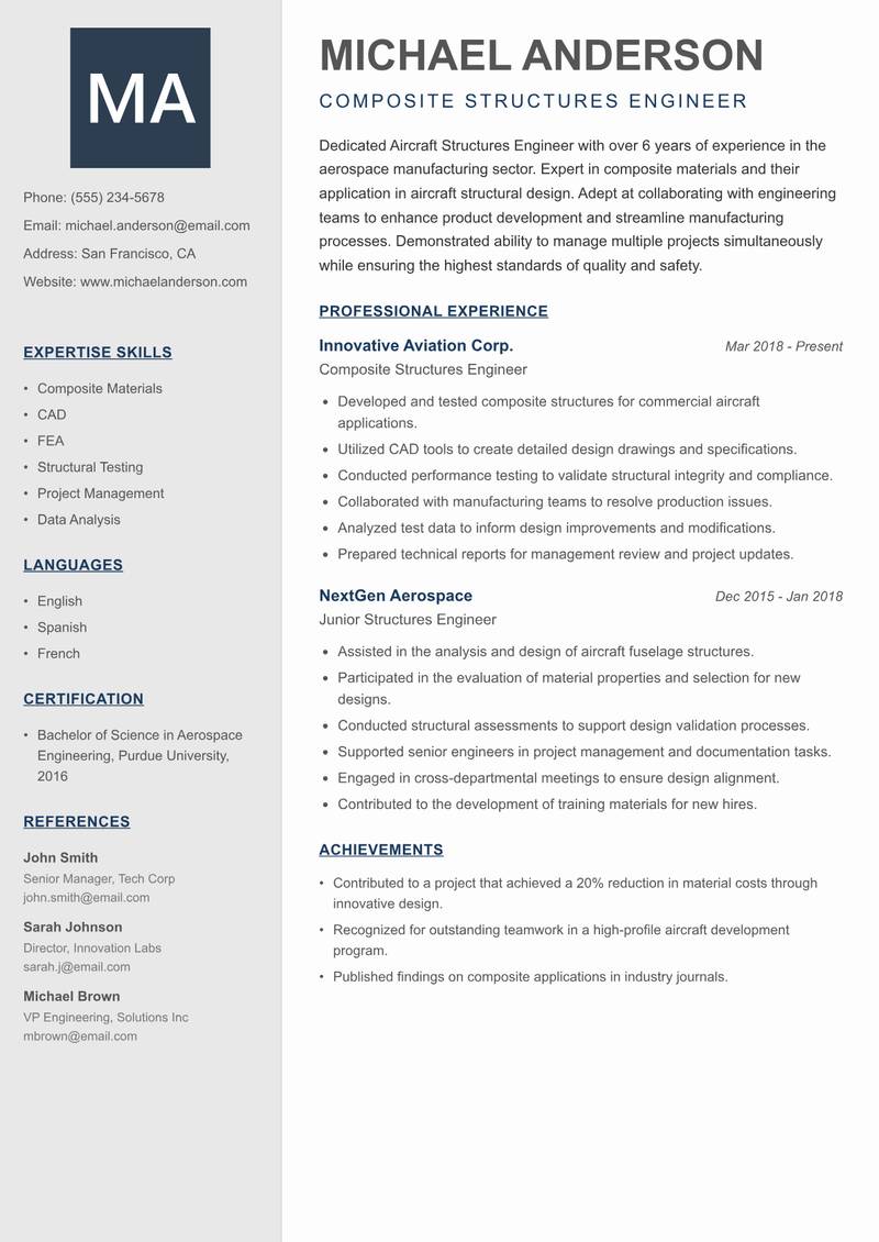 Aircraft Structures Engineer resume sample — Composite Structures Engineer focus
