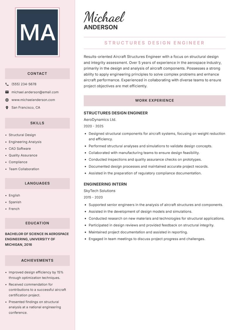 Aircraft Structures Engineer resume sample — Structures Design Engineer focus