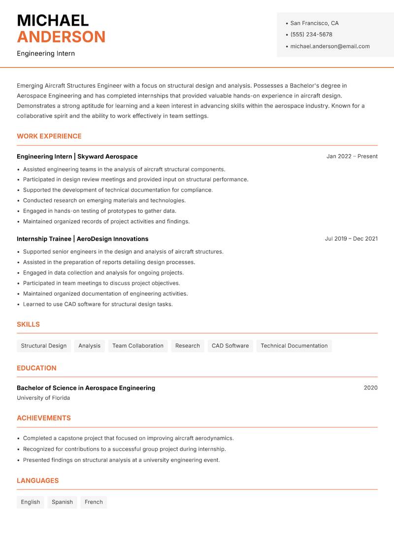 Aircraft Structures Engineer resume sample — Engineering Intern focus