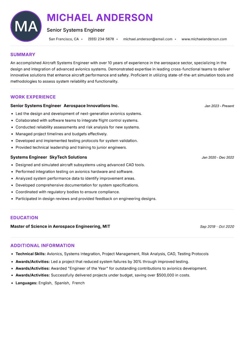 Aircraft Systems Engineer resume example
