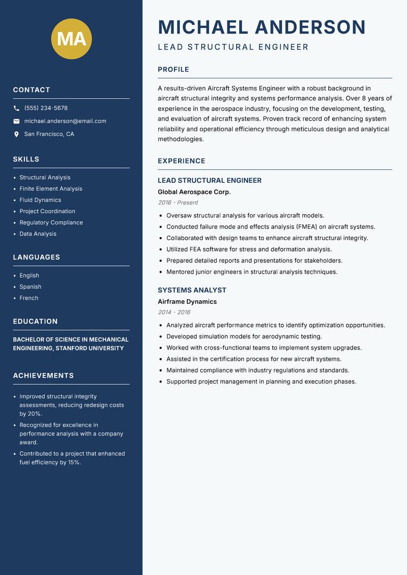 Aircraft Systems Engineer resume sample — Lead Structural Engineer focus