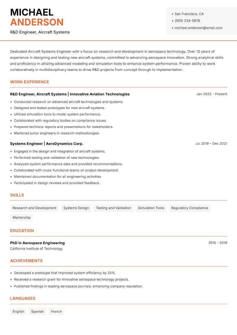 Aircraft Systems Engineer resume sample — R&D Engineer, Aircraft Systems focus