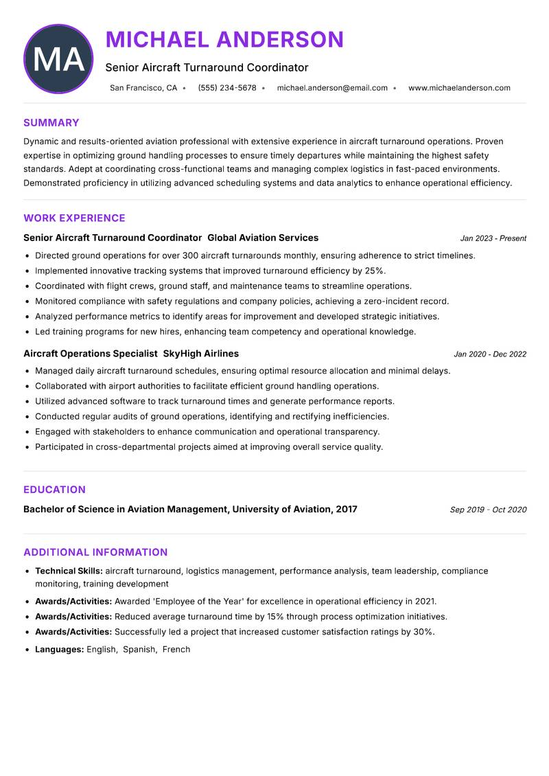 Aircraft Turnaround Coordinator resume example