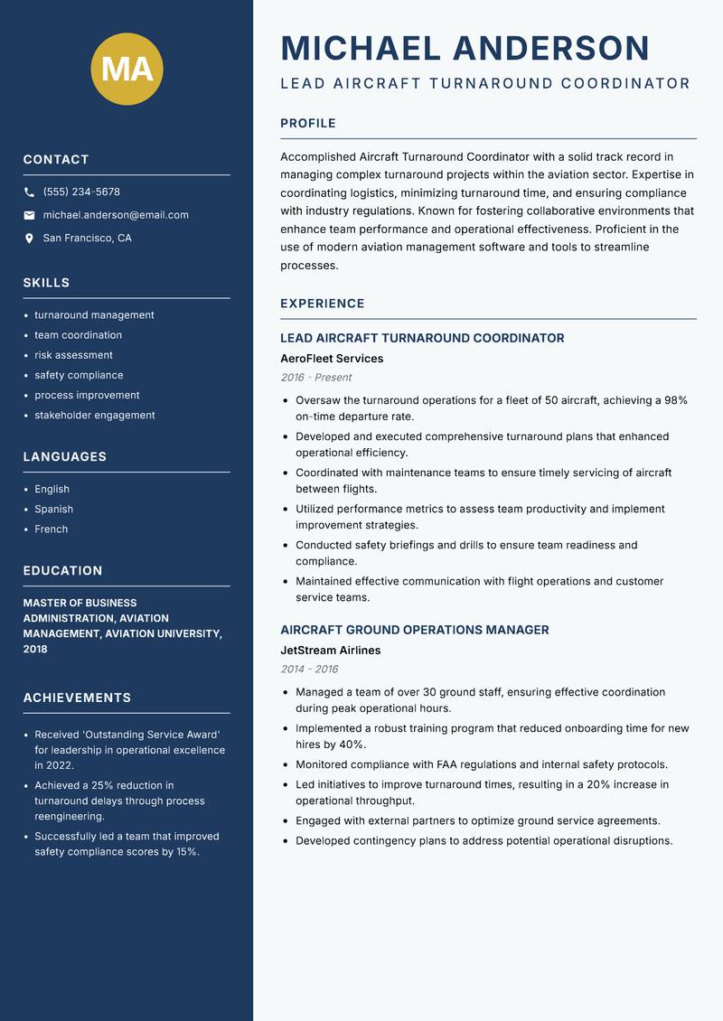 Aircraft Turnaround Coordinator resume sample — Lead Aircraft Turnaround Coordinator focus