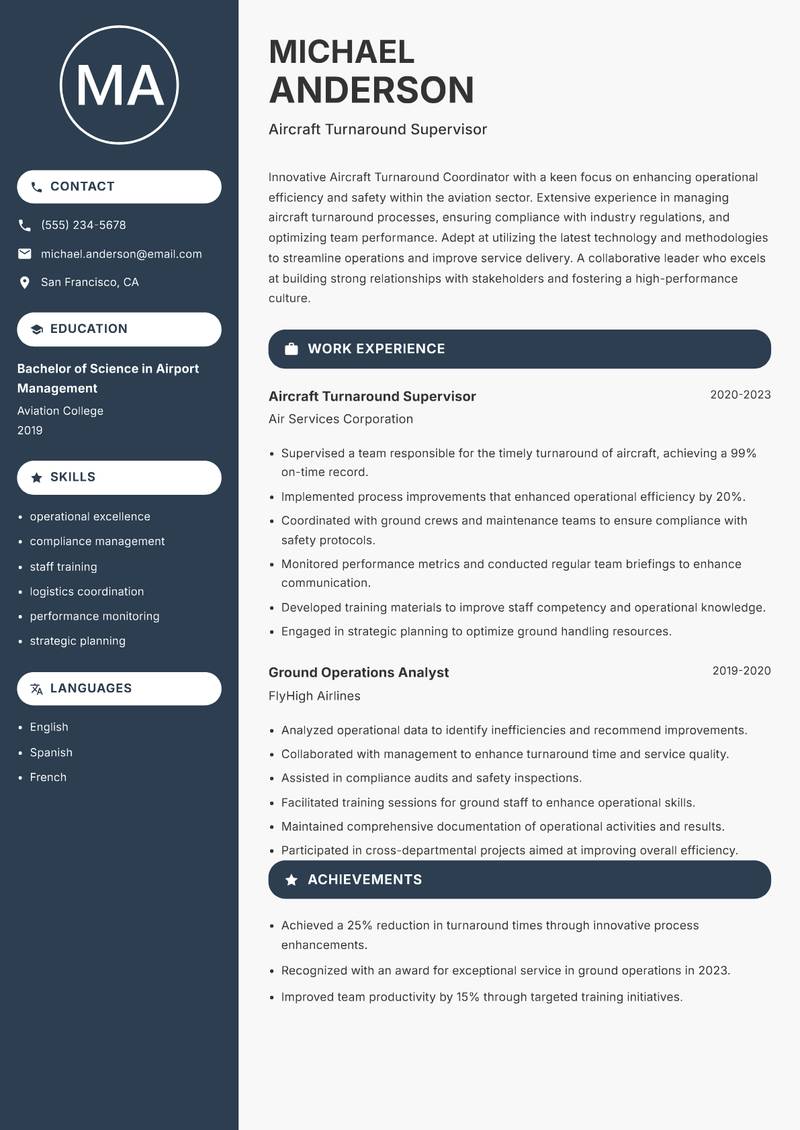 Aircraft Turnaround Coordinator resume sample — Aircraft Turnaround Supervisor focus