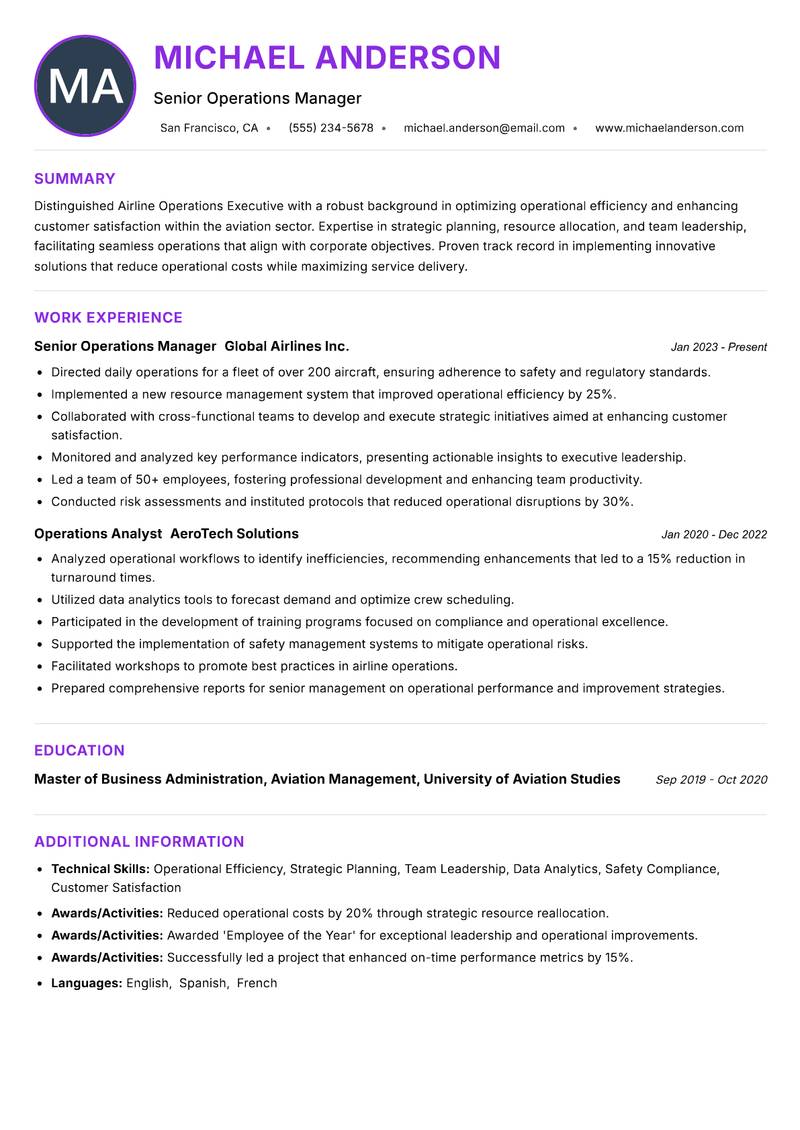 Airline Operations Executive resume example
