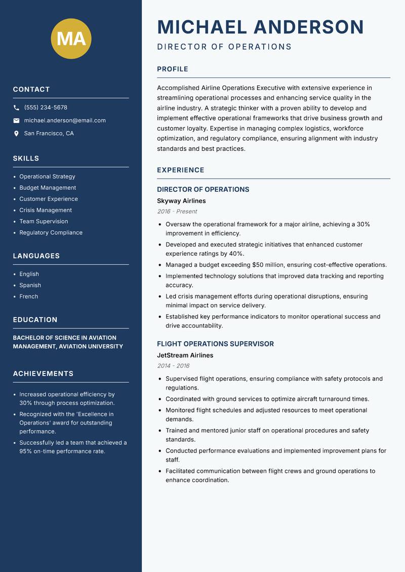 Airline Operations Executive resume sample — Director of Operations focus