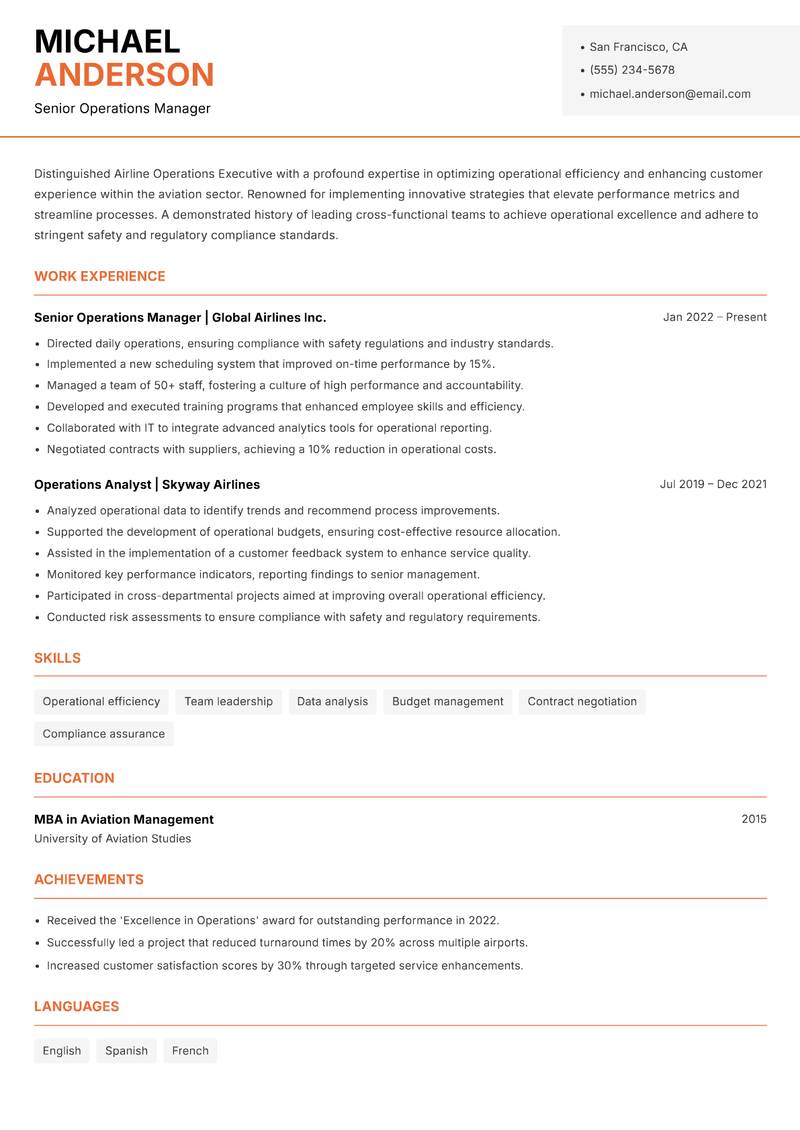 Airline Operations Executive resume sample — Senior Operations Manager focus