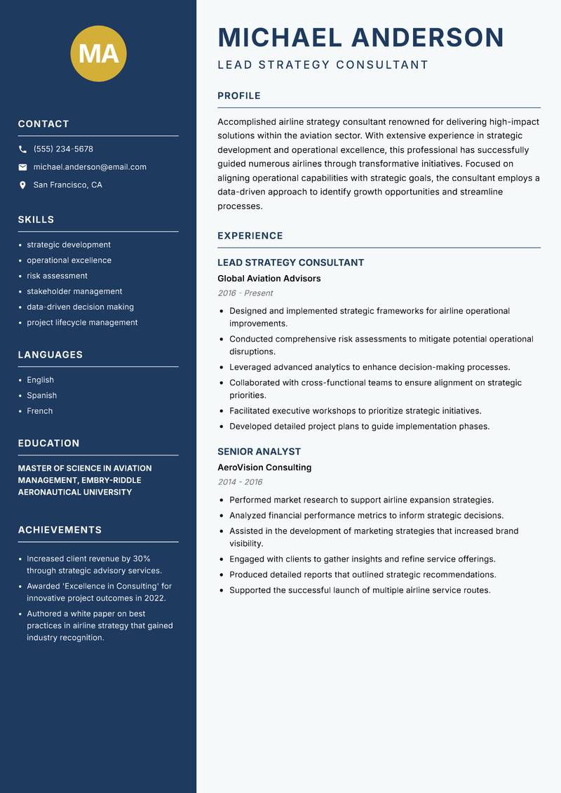 Airline Strategy Consultant resume sample — Lead Strategy Consultant focus
