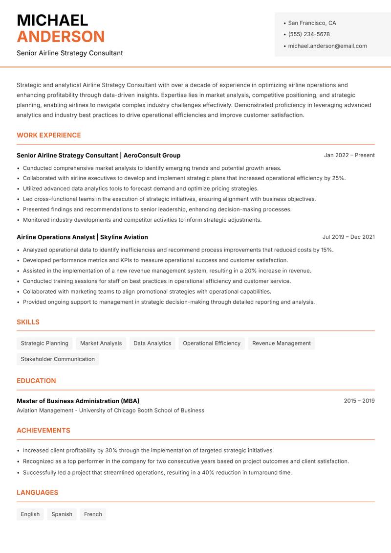 Airline Strategy Consultant resume sample — Senior Airline Strategy Consultant focus