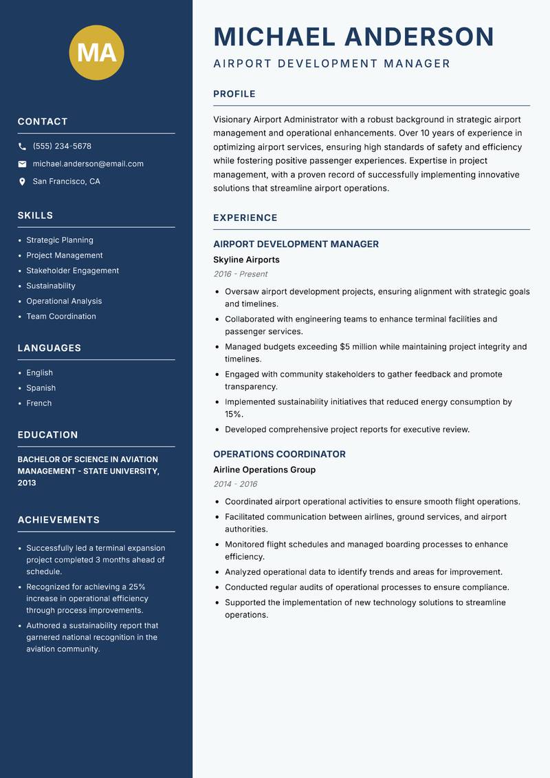 Airport Administrator resume sample — Airport Development Manager focus