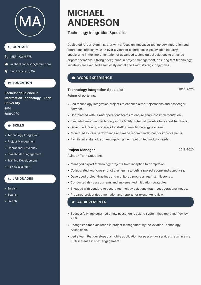 Airport Administrator resume sample — Technology Integration Specialist focus