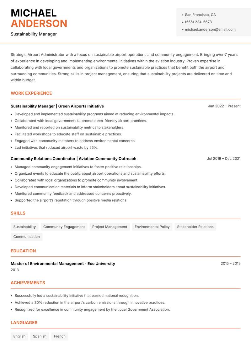 Airport Administrator resume sample — Sustainability Manager focus