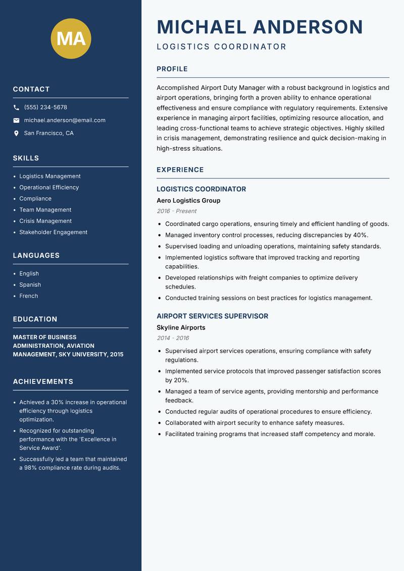 Airport Duty Manager resume sample — Logistics Coordinator focus