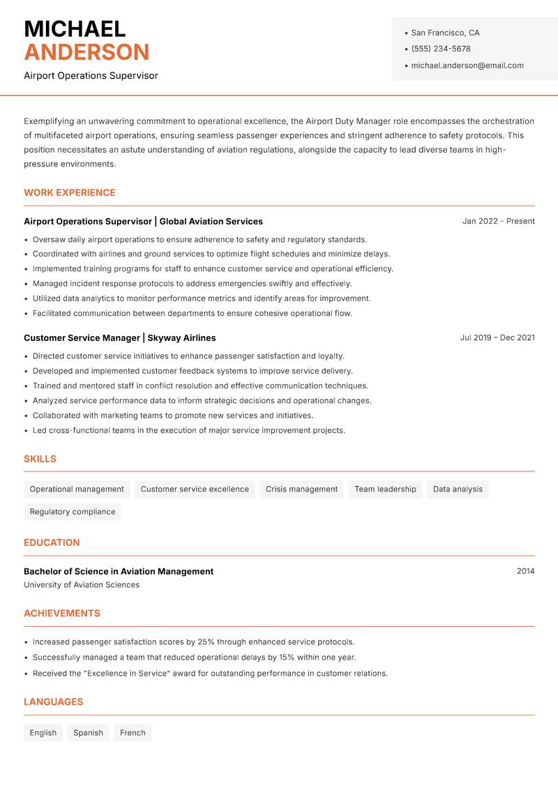 Airport Duty Manager resume sample — Airport Operations Supervisor focus