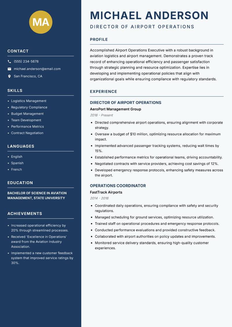 Airport Operations Executive resume sample — Director of Airport Operations focus