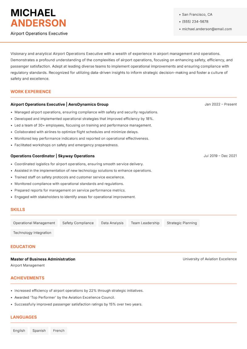 Airport Operations Executive resume sample — Airport Operations Executive focus