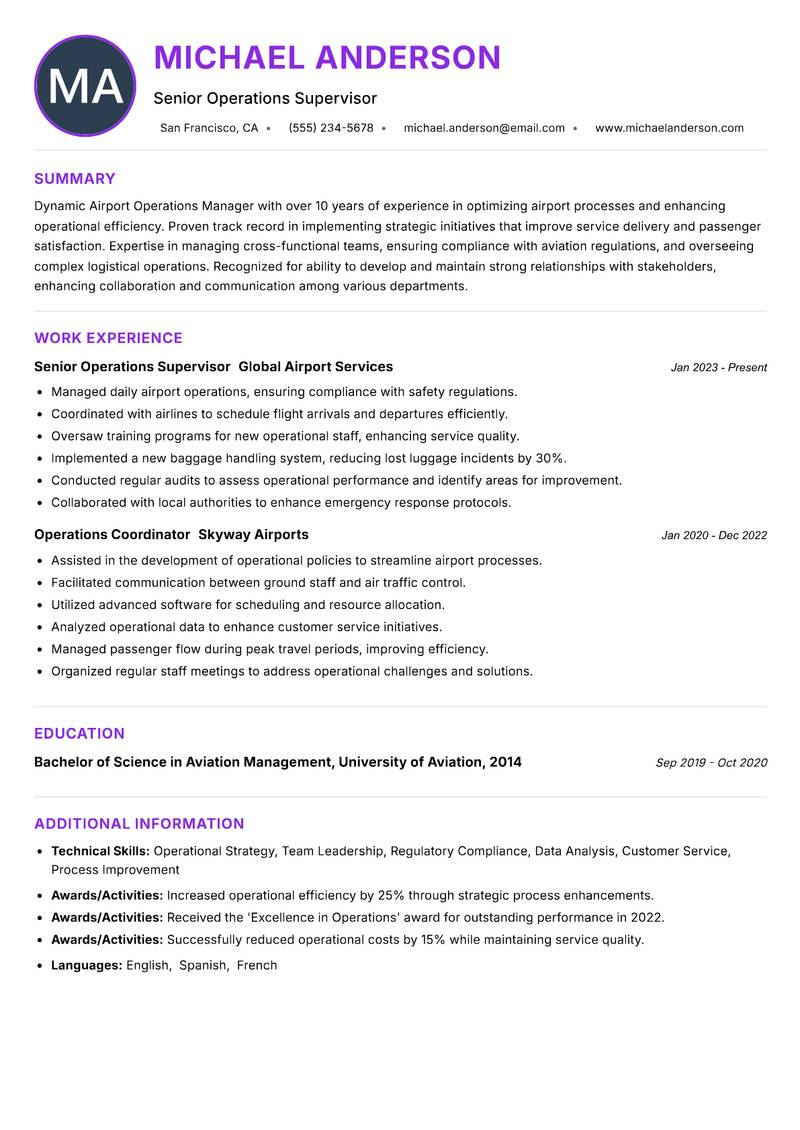 Airport Operations Manager resume example