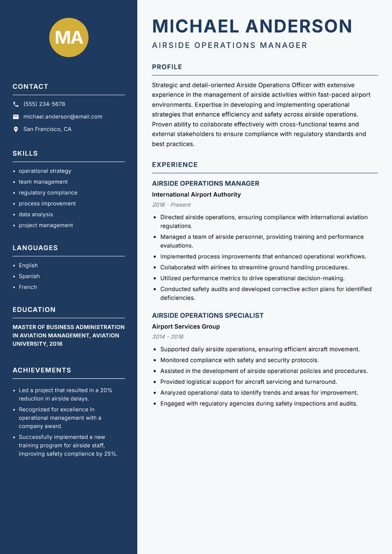 Airside Operations Officer resume sample — Airside Operations Manager focus