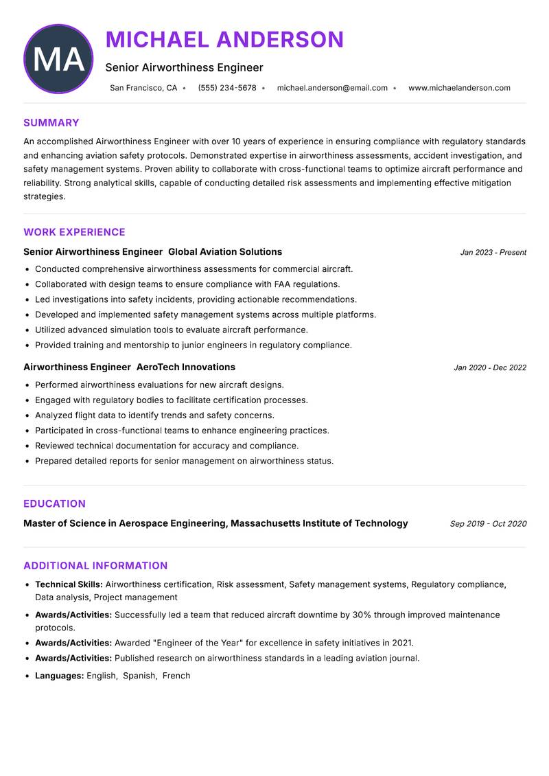 Airworthiness Engineer resume example