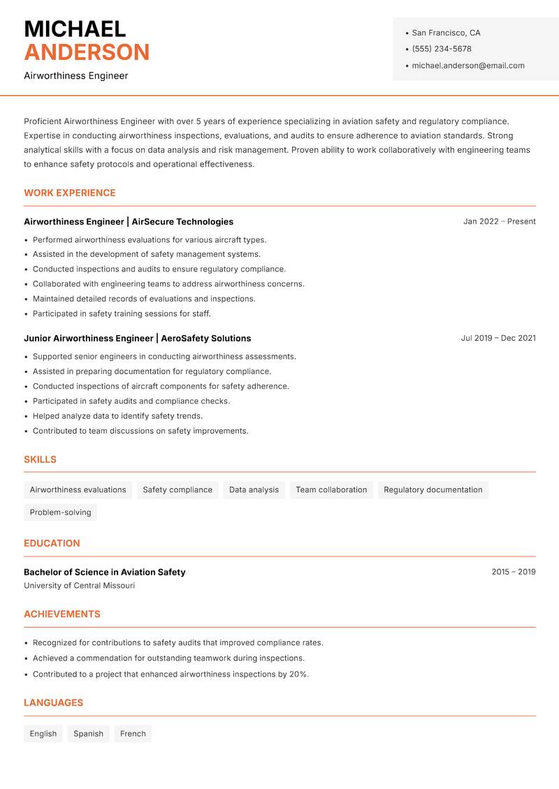 Airworthiness Engineer resume sample — Airworthiness Engineer focus