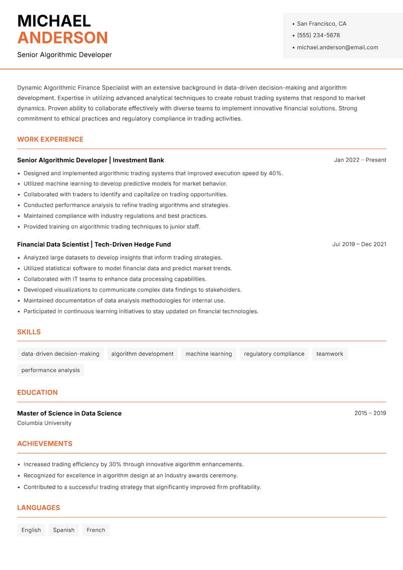 Algorithmic Finance Specialist resume sample — Senior Algorithmic Developer focus