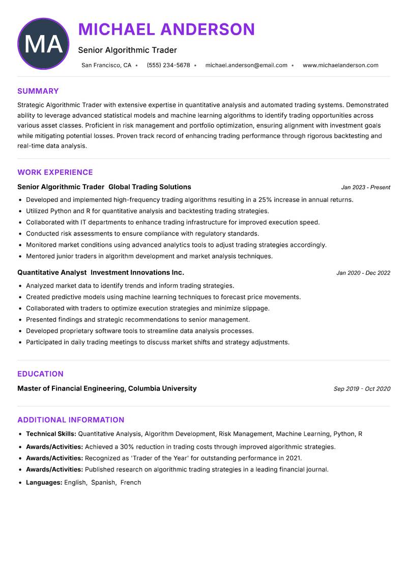 Algorithmic Trader resume example — Investment & Trading