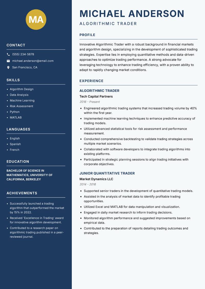Algorithmic Trader resume sample — Algorithmic Trader focus