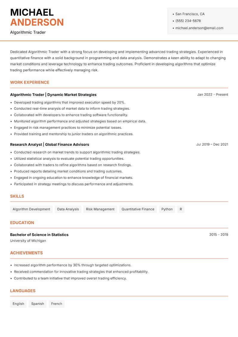 Algorithmic Trader resume sample — Algorithmic Trader focus