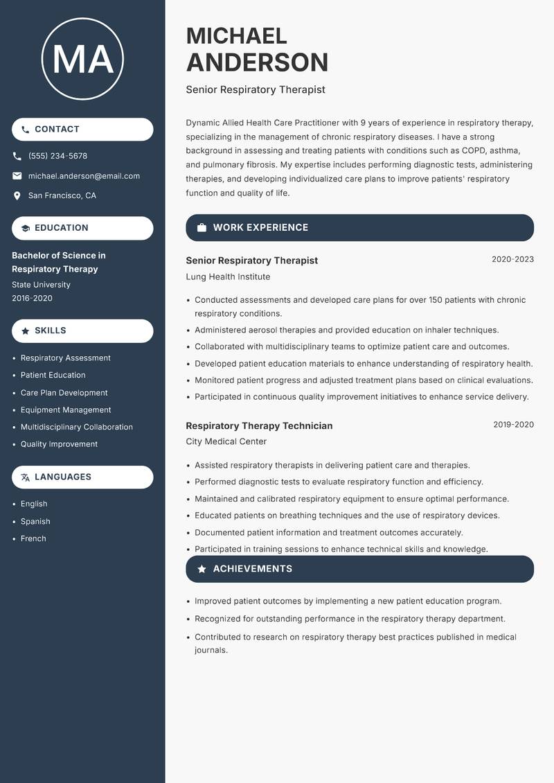 Allied Health Care Practitioner resume sample — Senior Respiratory Therapist focus