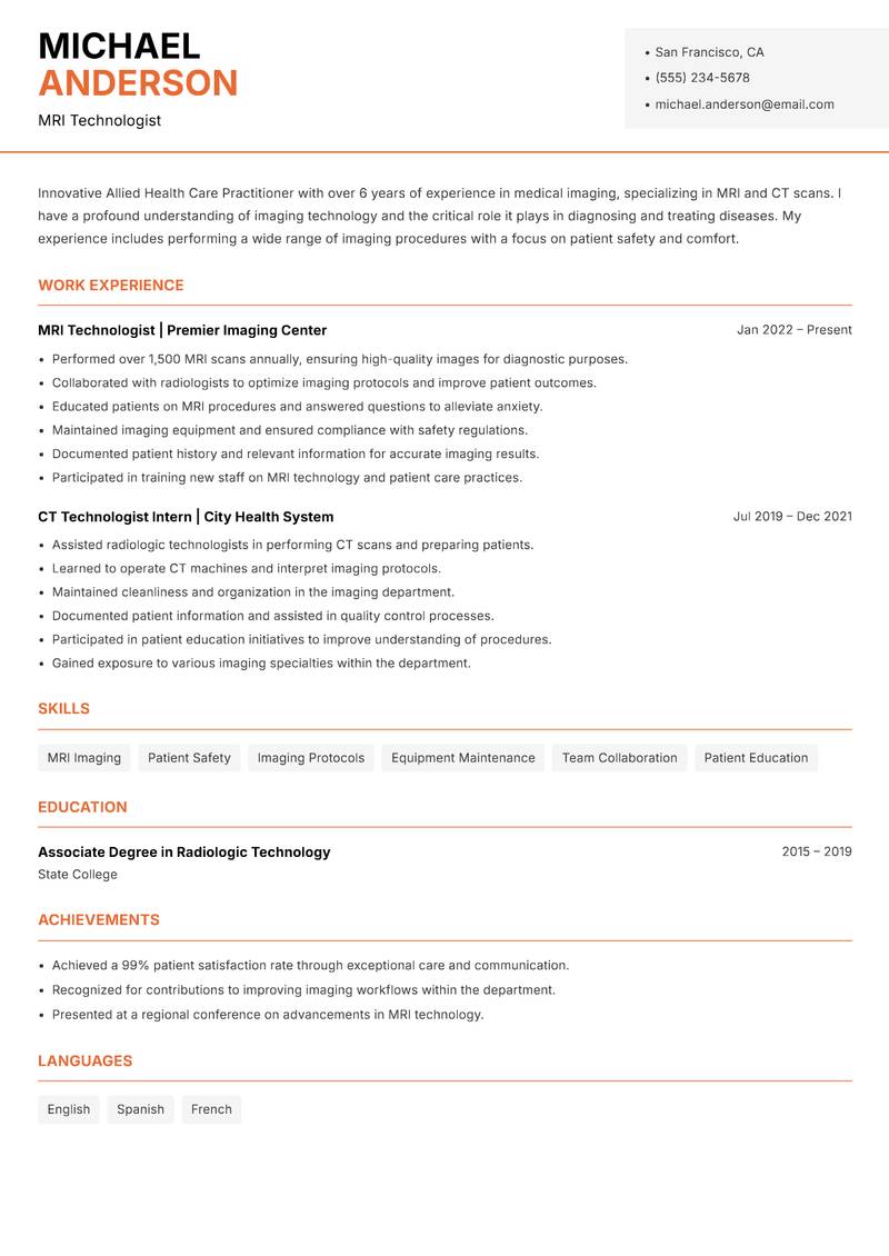 Allied Health Care Practitioner resume sample — MRI Technologist focus