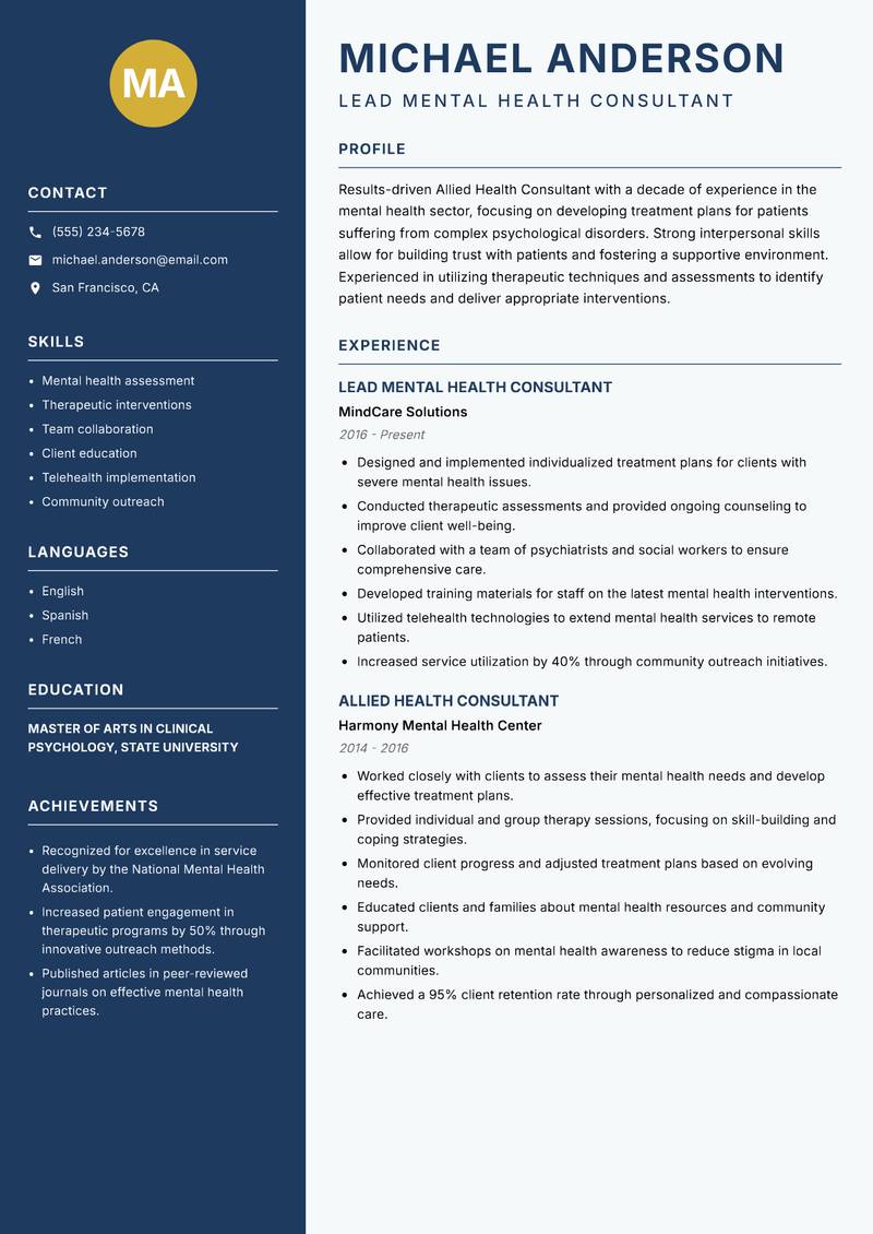 Allied Health Consultant resume sample — Lead Mental Health Consultant focus