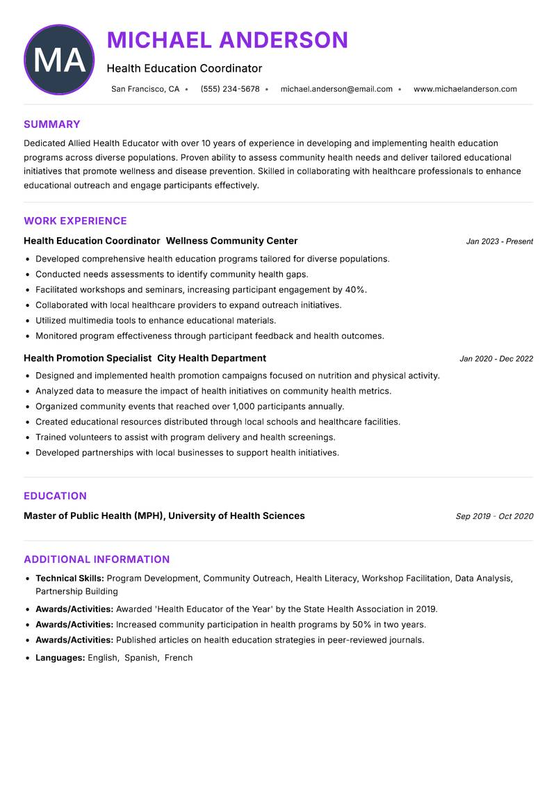 Allied Health Educator resume example