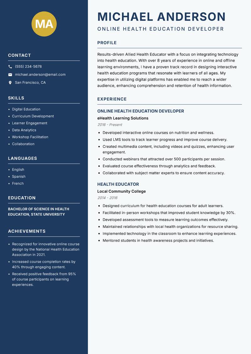 Allied Health Educator resume sample — Online Health Education Developer focus