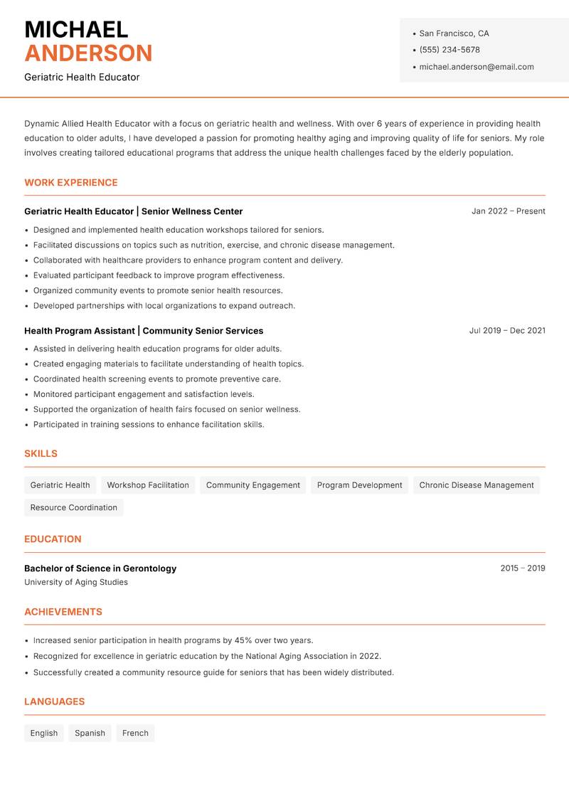 Allied Health Educator resume sample — Geriatric Health Educator focus