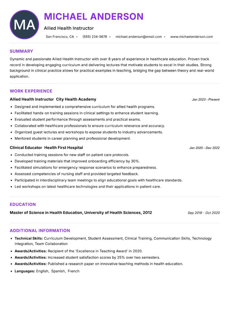 Allied Health Instructor resume example