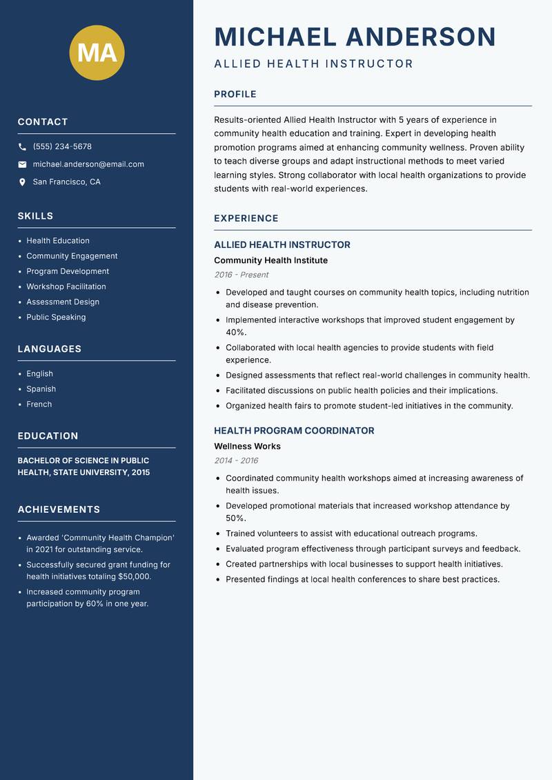 Allied Health Instructor resume sample — Allied Health Instructor focus